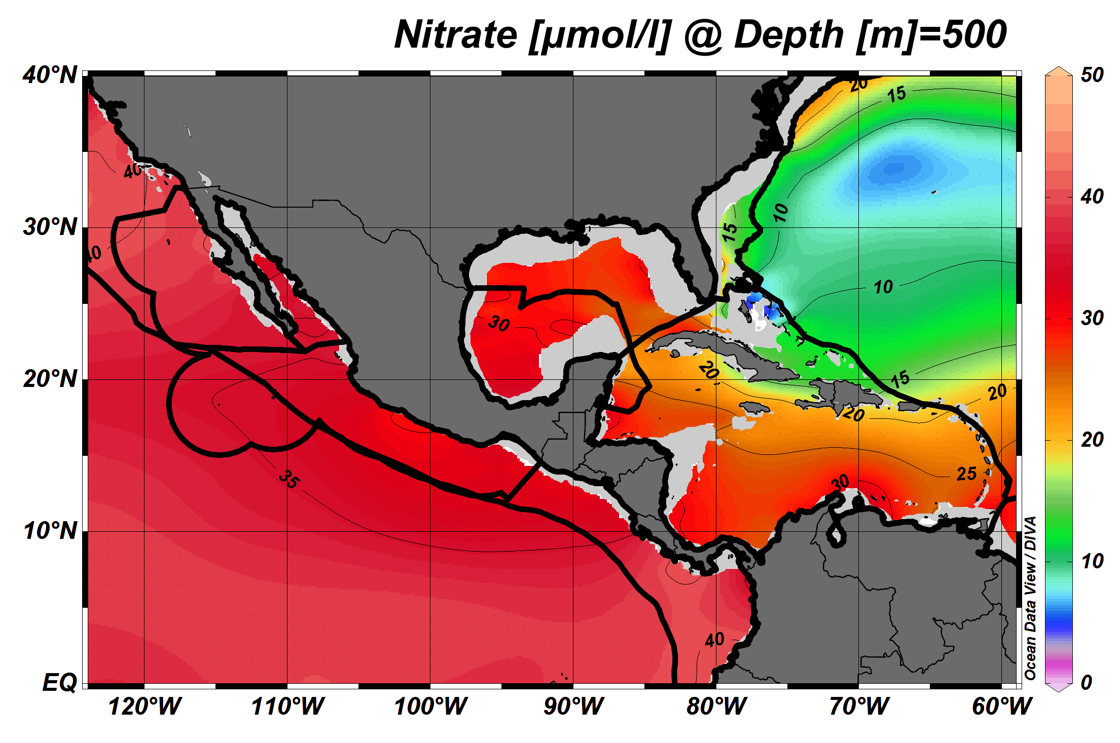 Map of distribution statistical mean of nitrate on 1° grid and depth ...