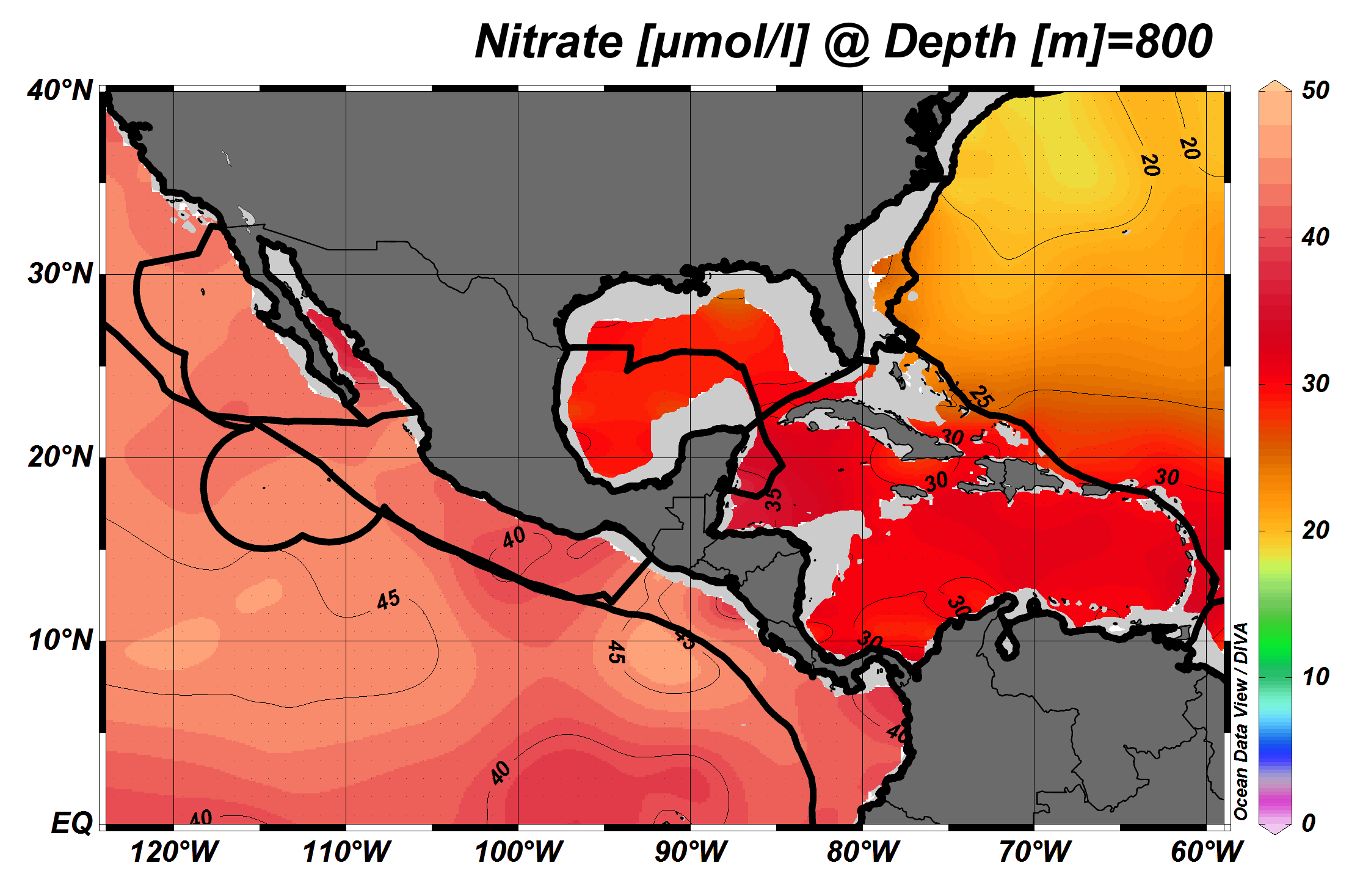 Map of distribution statistical mean of nitrate on 1° grid and depth ...